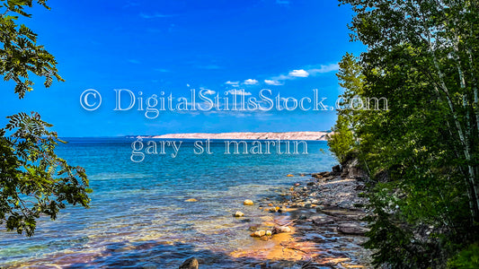 View of Lake Superior and Logslide through the trees, digital Grand Marais