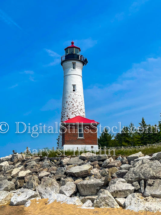 Upwards view of the lighthouse on Crisp point beach, digital Crisp Point