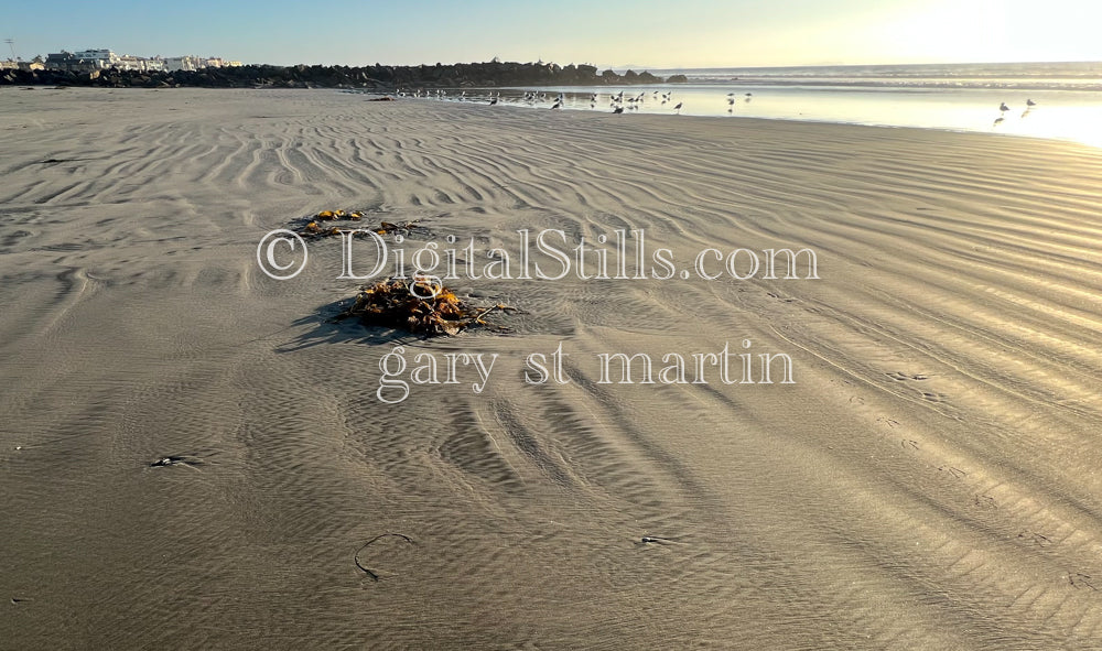 Wave marks in the sand, digital sunset