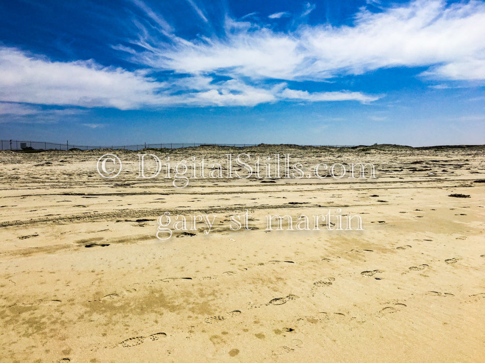 Footprints in the bright sand, digital sunsets