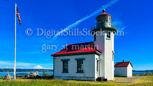 Lighthouse in front of Mt. Rainier  - Vashon Island, digital Vashon Island