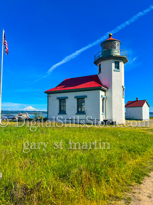 Portrait of a Lighthouse in front of Mt. Rainier  - Vashon Island, digital Vashon Island