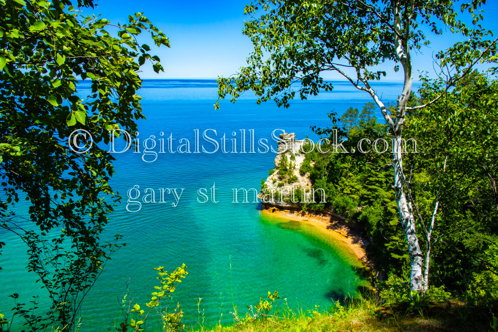 View of the Turret at Miner's Castle from far away, digital Munising