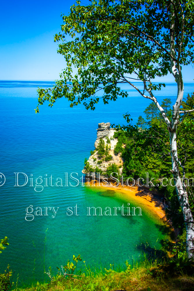 Zoomed out portrait of the Miner's Castle Turret, digital Munising