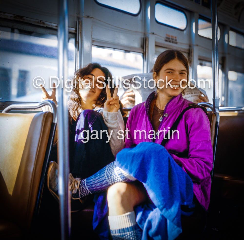 Caroline In The Bus Flash in the peace sign, San Francisco, CA, Analog, Color, Portraits, Groups