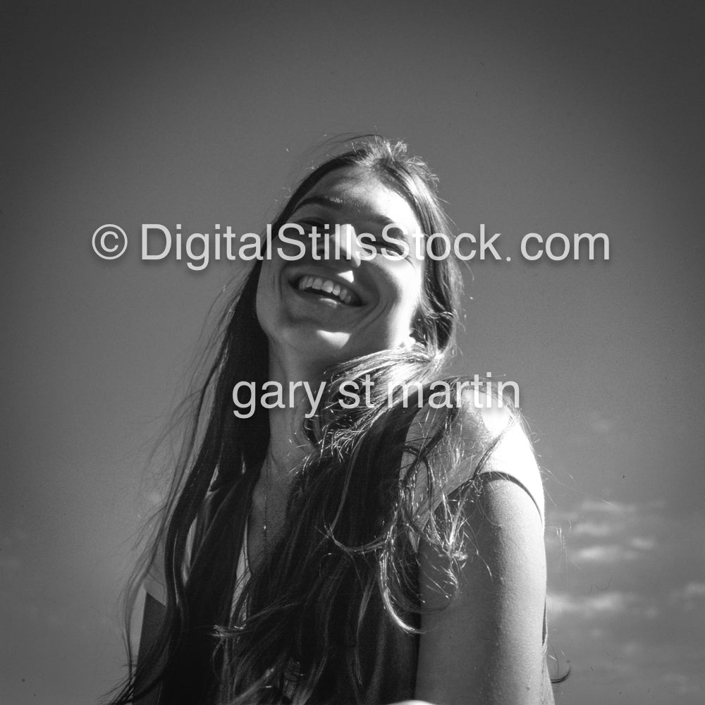 Caroline Laughing along the Beach, Brazil, analog, black & white, portrait