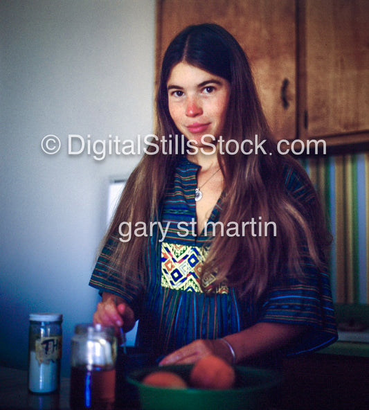 Medium View, Carolyn Cavalier, in the kitchen, CA, Analog, Color, People, Women