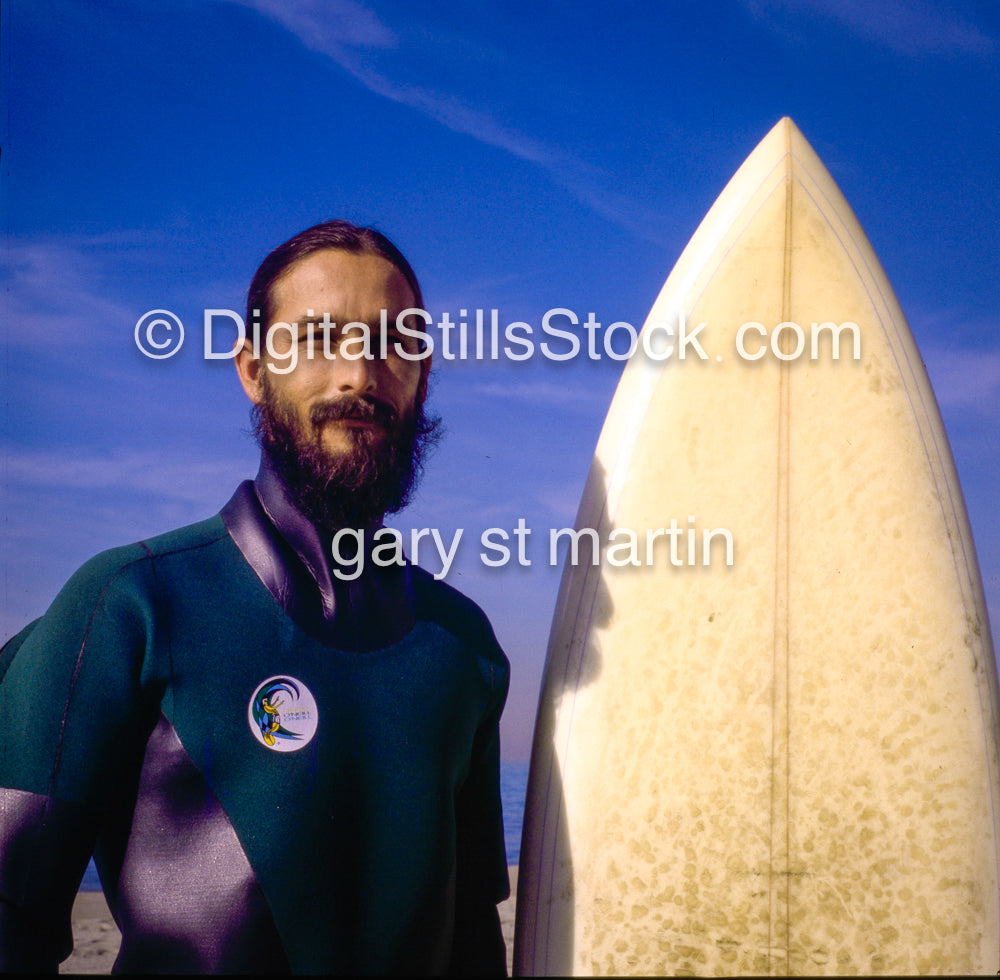 Gary next to his SurfBoard, Newport Beach, CA, analog, color, portraits, men