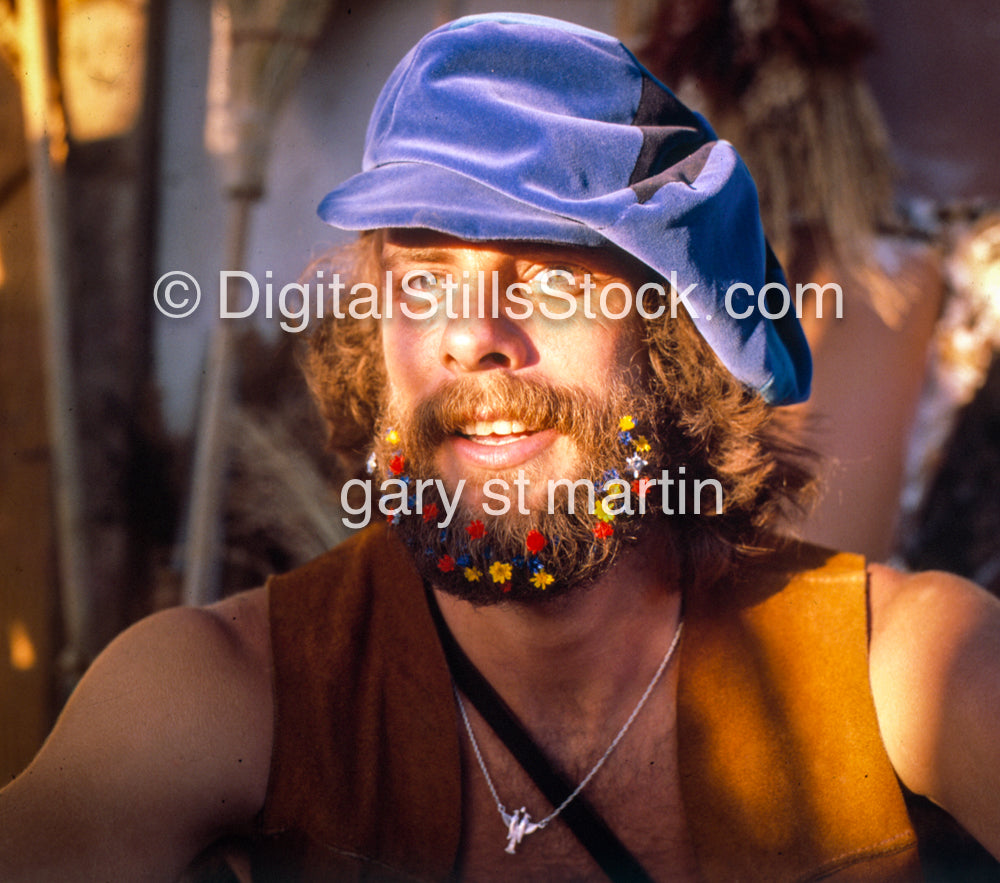 Flowers in his beard, Renaissance fair Los Angeles, analog, color, portraits, men