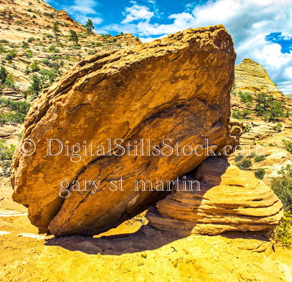 Big boulder up close leaning against another rock, analog Valley of Fire