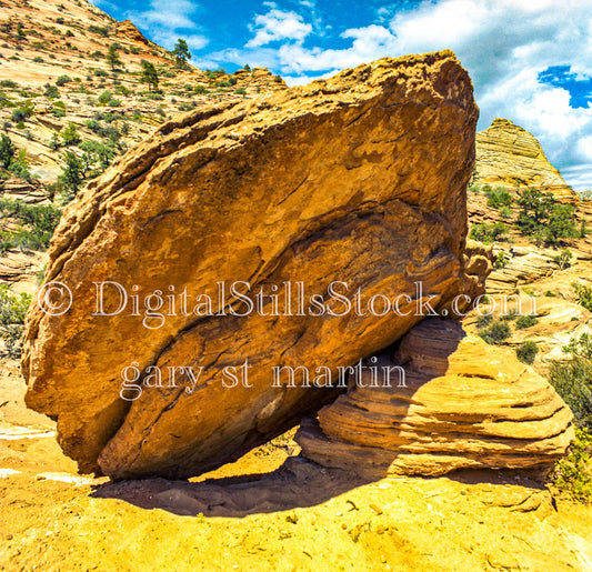 Big boulder up close leaning against another rock, analog Valley of Fire