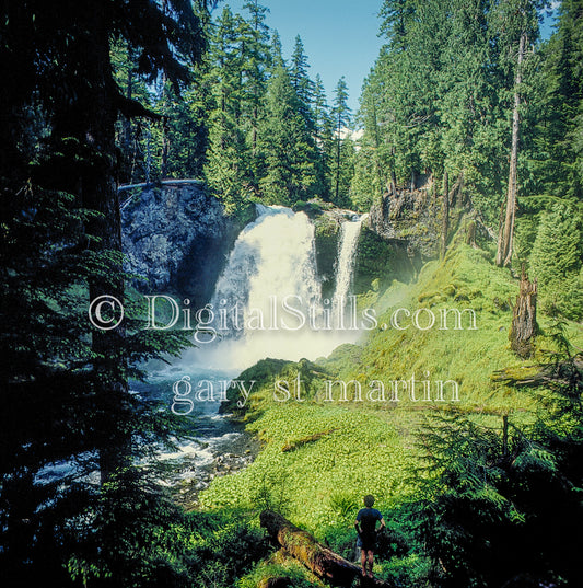 Wide view of David looking at Sahalie Falls, analog oregon