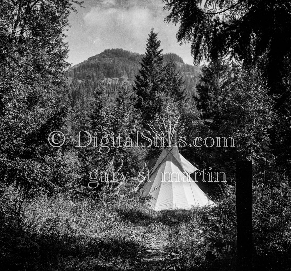 Tipi in the woods B&W, Oregon, analog