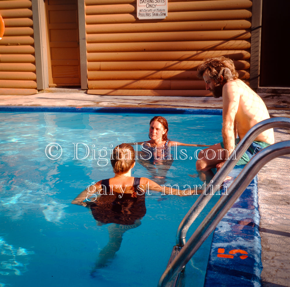 David, Maria, and Lila in a hot spring pools, analog Oregon