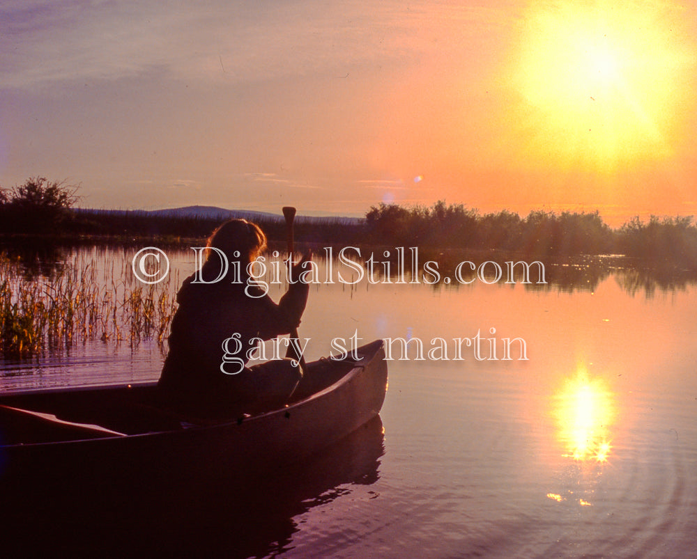 Lady canoeing at sunset, Oregon, analog