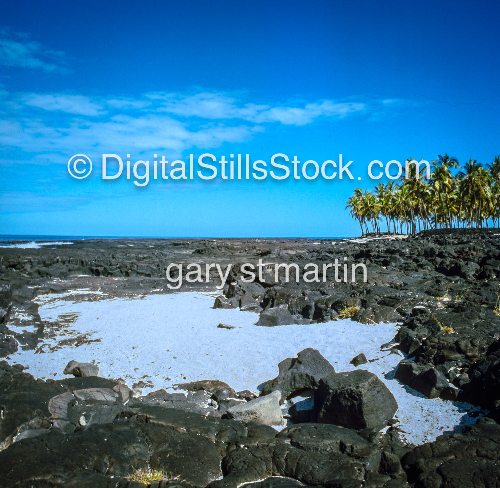 White Sand, Black Rocks along the Shore, analog, color, Hawaii